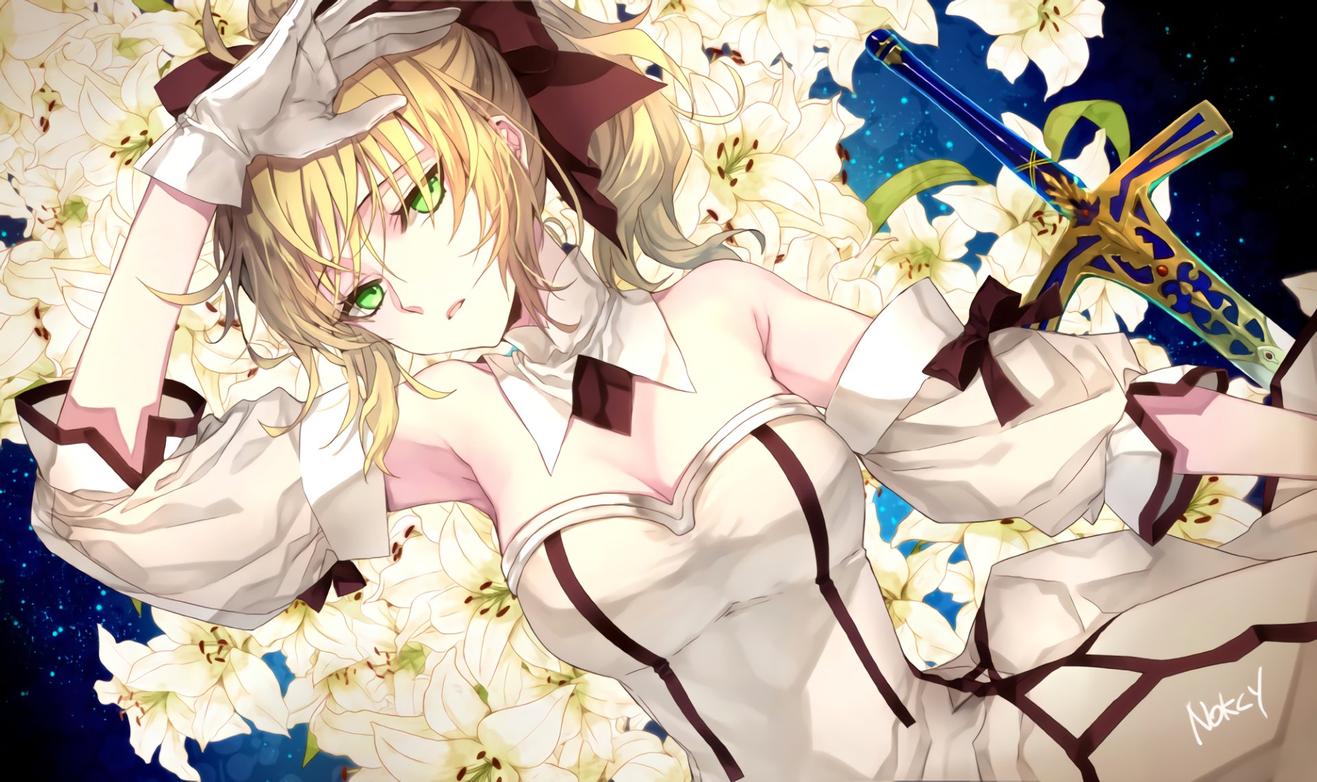 A striking HD wallpaper featuring Saber from the Fate Series, dressed in a white gown with gloves, surrounded by white lilies and holding a decorative sword.