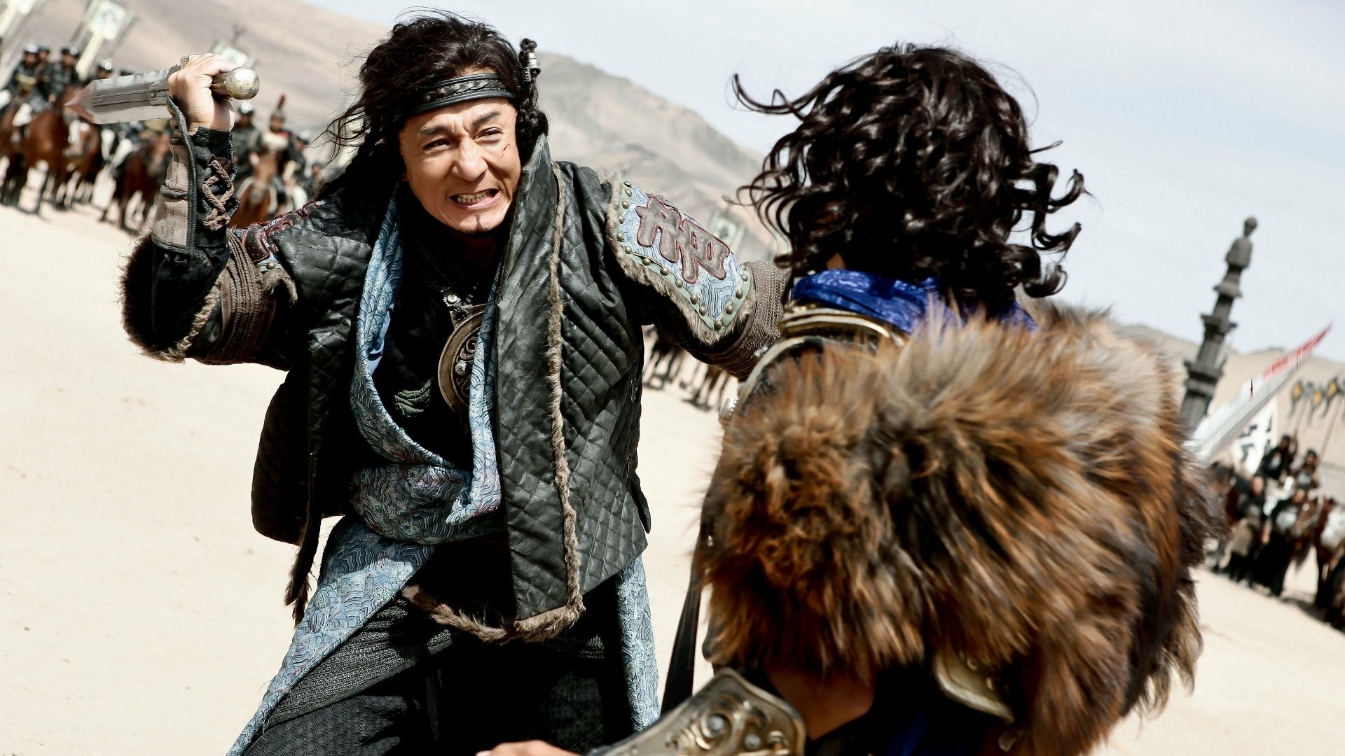 4K Ultra HD PC desktop wallpaper featuring an intense battle scene from the movie Dragon Blade, with warriors in medieval armor clashing amid a desert backdrop.