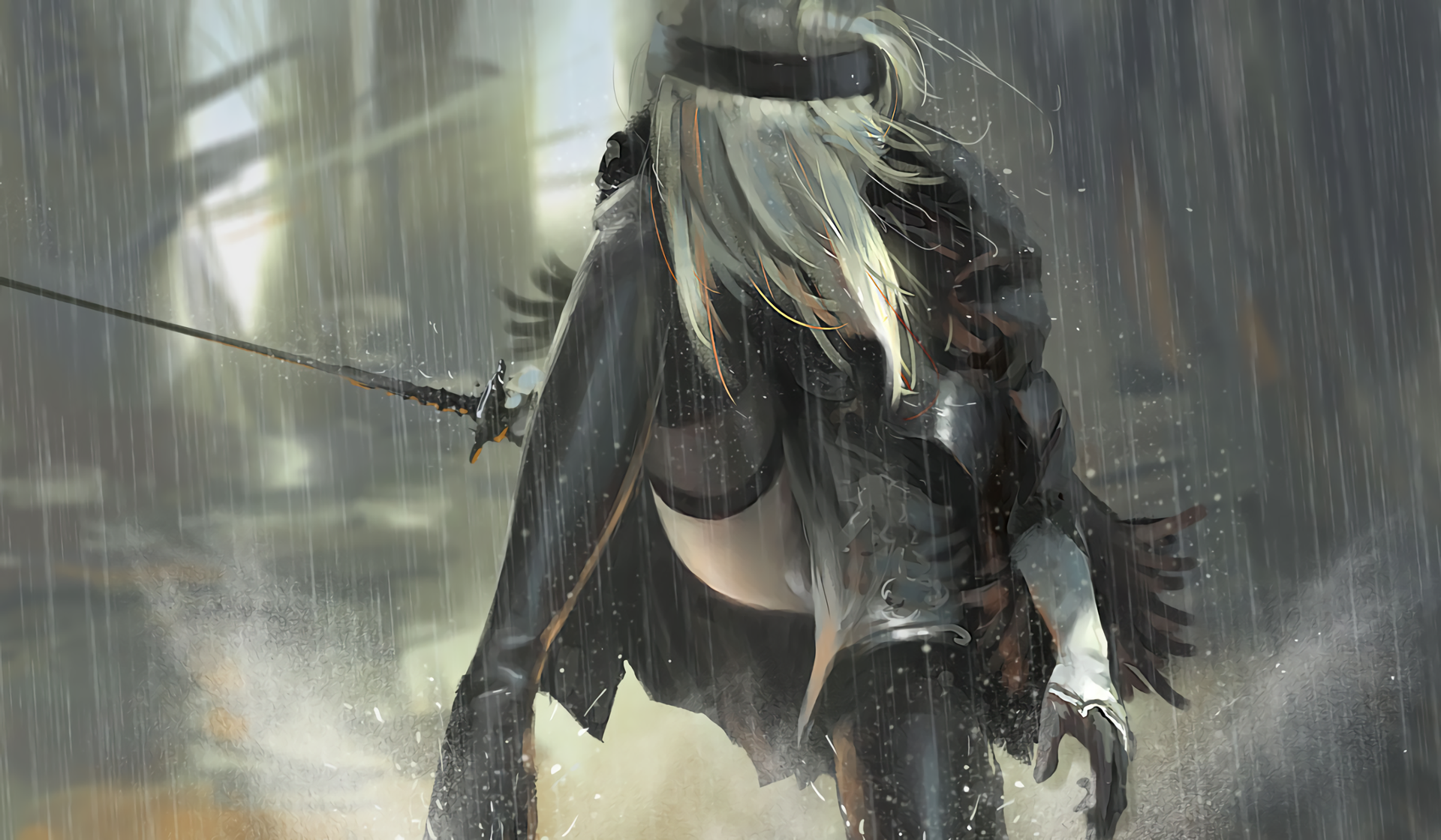 A striking HD wallpaper featuring an enigmatic character from the video game Nier 2, shrouded in rain and mystery, creating an immersive atmosphere for desktop backgrounds.