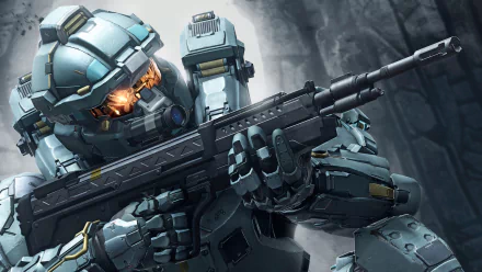 HD desktop wallpaper of Halo 5: Guardians, featuring a Spartan soldier in battle armor aiming a powerful rifle against a rugged background.