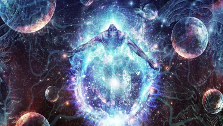 HD desktop wallpaper featuring an artistic sci-fi scene with a cosmic figure surrounded by celestial orbs and interstellar elements.