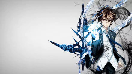 HD desktop wallpaper featuring Shu Ouma from the anime Guilty Crown, shown in a dynamic pose with abstract blue and black elements surrounding him on a minimalist gray background.