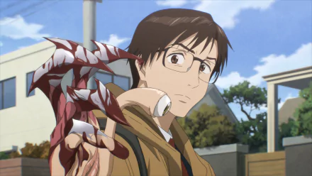 A high-definition wallpaper featuring Shinichi Izumi and Migi from Parasyte -the Maxim-, showcasing their unique bond against a vibrant, suburban backdrop.