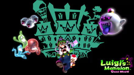 HD PC desktop wallpaper featuring Luigi, ghosts, and the haunted mansion from Nintendo's Luigi's Mansion video game series.
