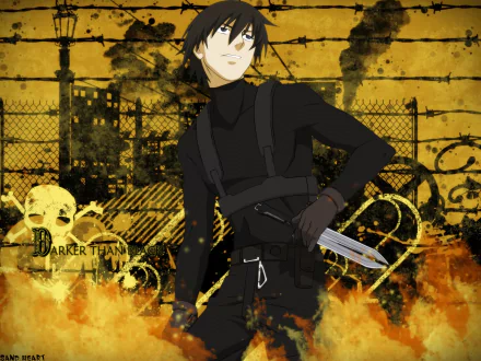 HD desktop wallpaper featuring Hei from Darker than Black, depicted in a dynamic pose with a knife, set against a fiery yellow and grungy urban backdrop.