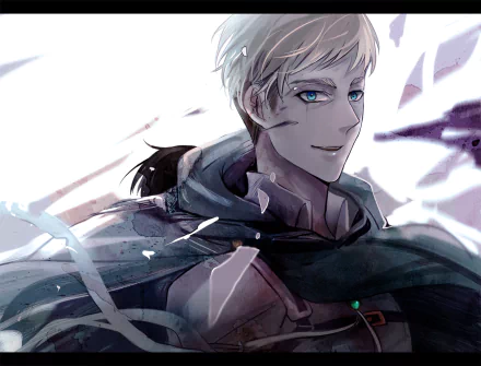 A striking HD wallpaper featuring Erwin Smith from Attack on Titan, showcasing his determined expression and iconic military attire amidst dynamic, dramatic elements.