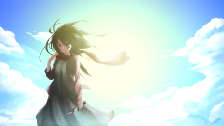 HD desktop wallpaper featuring Mikasa Ackerman from Attack on Titan against a bright, sunny sky with scattered clouds.
