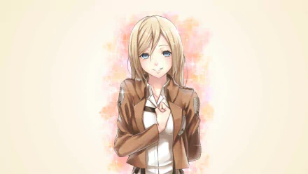 HD desktop wallpaper of Historia Reiss from Attack on Titan, smiling with blue eyes, blonde hair, and wearing a brown jacket against a light background.