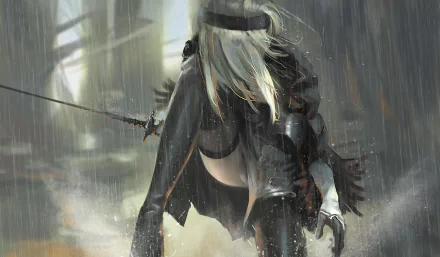 A striking HD wallpaper featuring an enigmatic character from the video game Nier 2, shrouded in rain and mystery, creating an immersive atmosphere for desktop backgrounds.