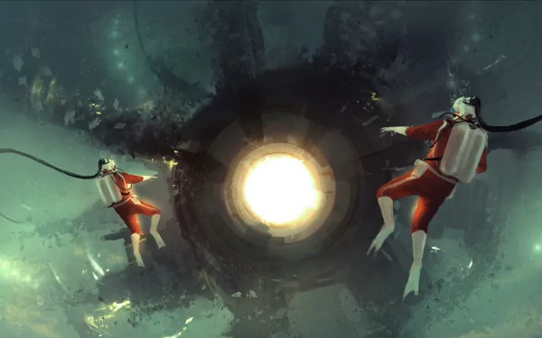 HD PC desktop wallpaper of two scuba divers exploring a glowing, fantastical underwater ocean scene with surreal lighting and deep aquatic colors.