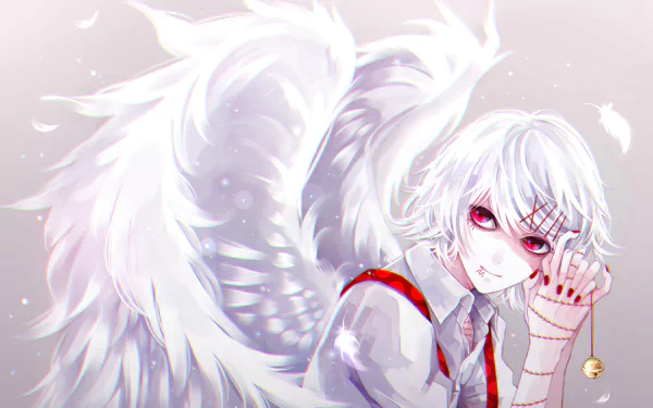 HD wallpaper of Juuzou Suzuya from Tokyo Ghoul, featuring the character with white hair, pink eyes, short hair, wings, and feathers. The anime style and detailed background make it visually stunning.