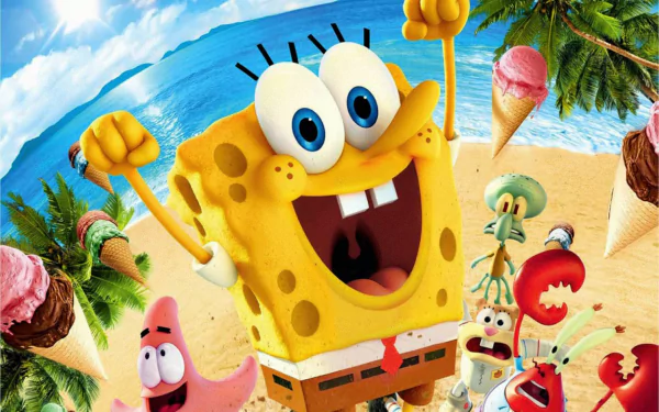 A vibrant HD wallpaper from *The SpongeBob Movie: Sponge Out of Water*, featuring SpongeBob and friends joyfully celebrating on a sunny beach with ice cream cones and palm trees.