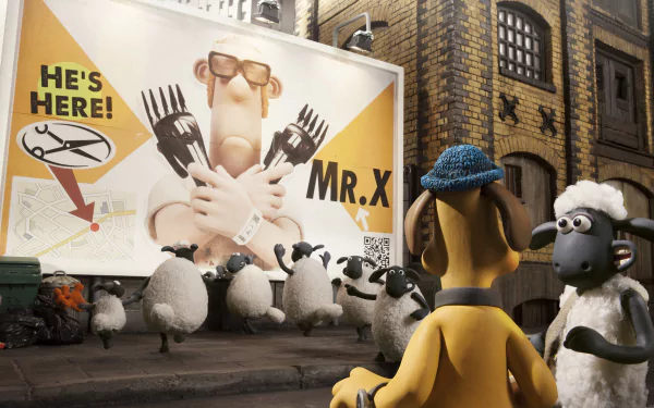4K Ultra HD PC desktop wallpaper from Shaun the Sheep Movie: Shaun and the flock face a billboard of Mr. X in a gritty city alley.