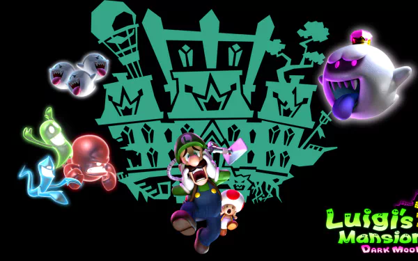 HD PC desktop wallpaper featuring Luigi, ghosts, and the haunted mansion from Nintendo's Luigi's Mansion video game series.