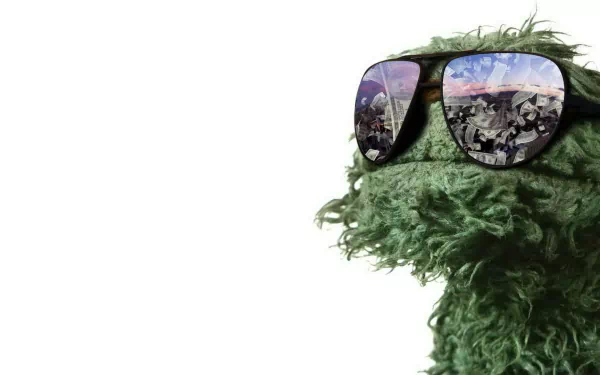 HD PC desktop wallpaper featuring a close-up of Oscar the Grouch from the TV show Sesame Street wearing reflective sunglasses against a white background.