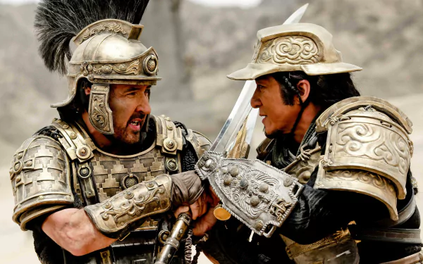 Cinematic scene from the movie Dragon Blade: two armored ancient warriors clash swords in a dusty battlefield — 4K Ultra HD PC desktop wallpaper/background.