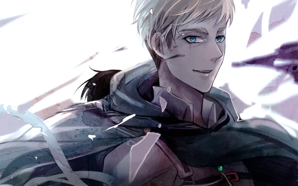 A striking HD wallpaper featuring Erwin Smith from Attack on Titan, showcasing his determined expression and iconic military attire amidst dynamic, dramatic elements.