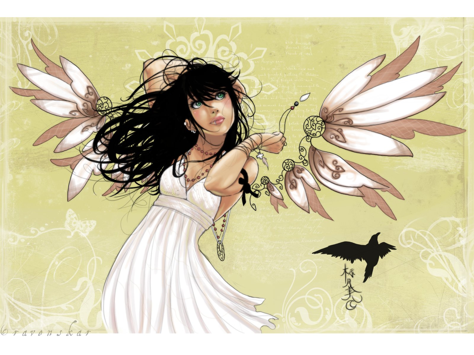 A woman in a flowing white dress stands against a soft green background, adorned with large flowers and a raven, creating a captivating artistic HD wallpaper.
