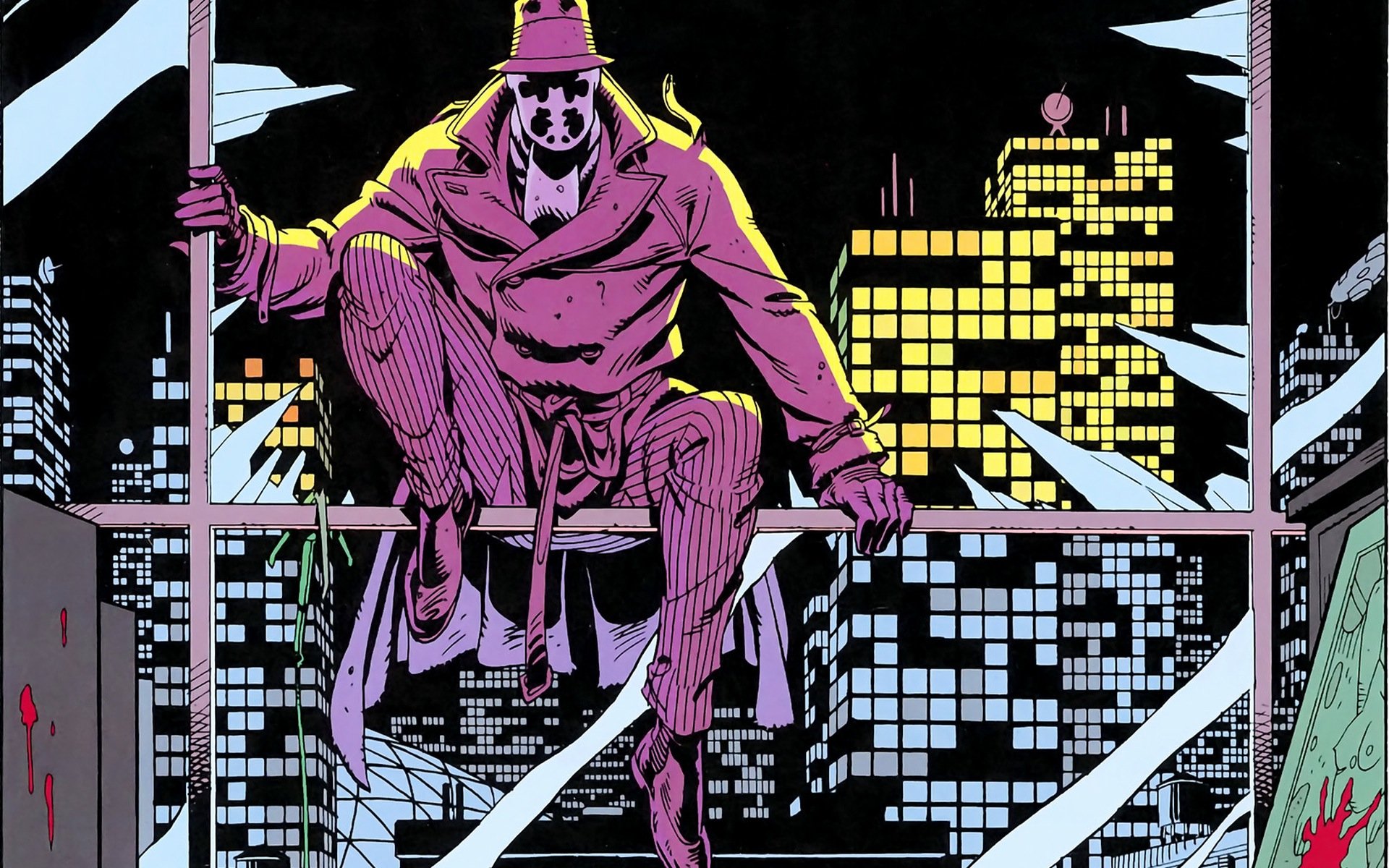HD PC desktop wallpaper featuring Rorschach from the comic Watchmen, perched on a rooftop against a vibrant city skyline at night.