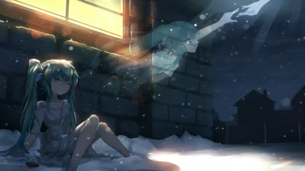 HD anime-style desktop wallpaper of Hatsune Miku from Vocaloid, sitting in a snowy, dimly lit room with a glowing window and a ghostly figure reaching out.