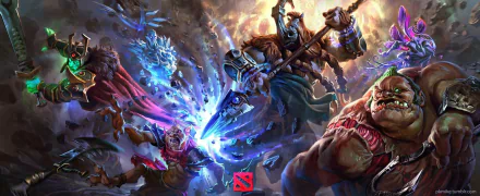 Vibrant HD wallpaper featuring dynamic characters from DotA 2, showcasing an intense battle scene with heroic figures and magical effects in a fantasy setting.