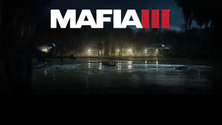 A moody HD wallpaper for Mafia III, featuring a shadowy scene by a water's edge with characters and glowing lights, capturing the game's intense atmosphere.
