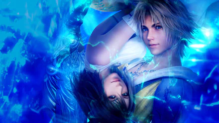 A stunning HD wallpaper from Final Fantasy X-2, featuring two characters surrounded by flowing blue hues, capturing the fantastical essence of the game.