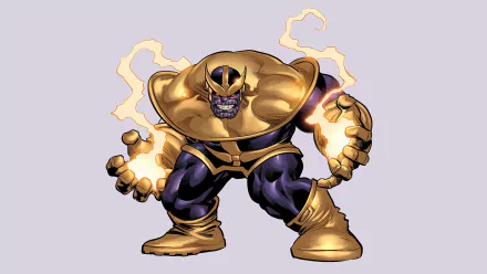 HD desktop wallpaper featuring comic character Thanos, showcasing his powerful stance with glowing hands and iconic gold and purple armor.
