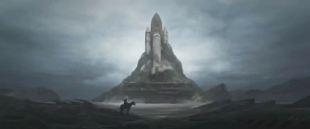HD desktop wallpaper of a space shuttle amidst a post-apocalyptic landscape. The sci-fi scene features a lone figure on horseback facing the shuttle on a gloomy, desolate terrain.
