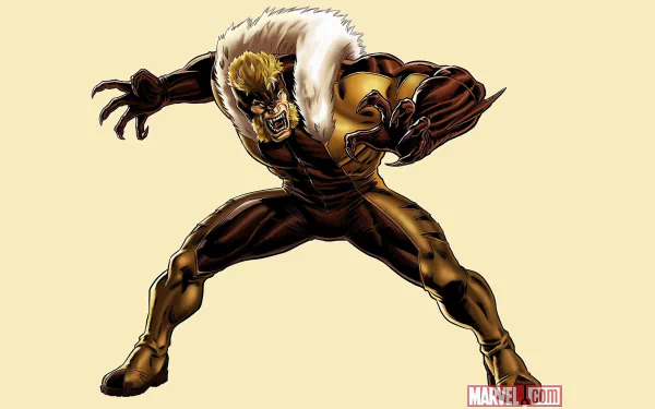HD PC desktop wallpaper of Sabretooth (X-Men) comic art: crouched, roaring, claws extended, yellow-brown costume with white fur collar on a pale background.