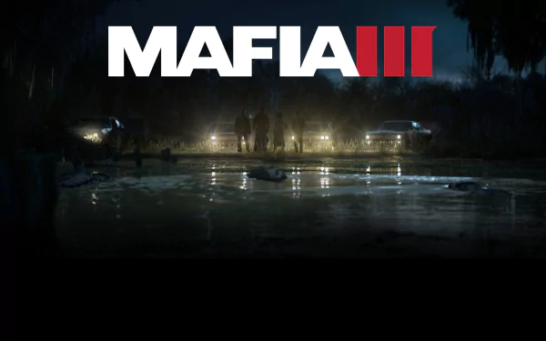 A moody HD wallpaper for Mafia III, featuring a shadowy scene by a water's edge with characters and glowing lights, capturing the game's intense atmosphere.