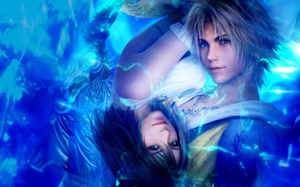 A stunning HD wallpaper from Final Fantasy X-2, featuring two characters surrounded by flowing blue hues, capturing the fantastical essence of the game.