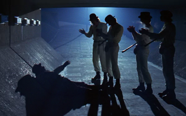 HD PC desktop wallpaper/background from the movie A Clockwork Orange: silhouetted droogs in bowler hats and white outfits surround a fallen figure in a dim, blue-lit tunnel.