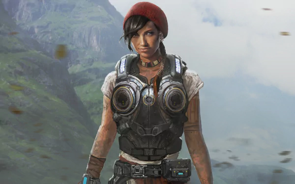 HD PC desktop wallpaper featuring Kait Diaz, a prominent character from the video game Gears of War 4, set against a misty, mountainous background.