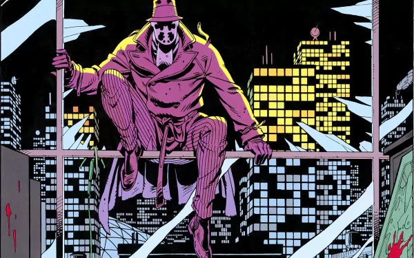 HD PC desktop wallpaper featuring Rorschach from the comic Watchmen, perched on a rooftop against a vibrant city skyline at night.