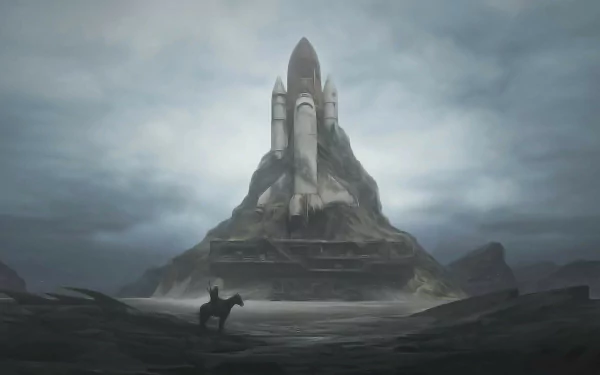 HD desktop wallpaper of a space shuttle amidst a post-apocalyptic landscape. The sci-fi scene features a lone figure on horseback facing the shuttle on a gloomy, desolate terrain.