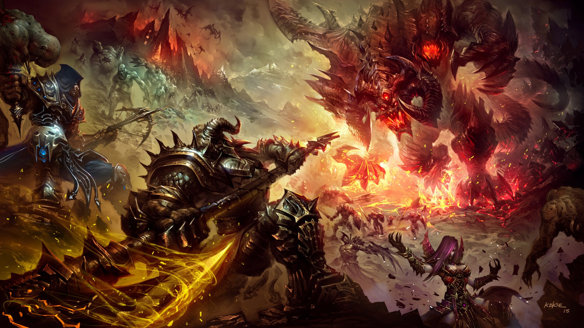 Epic scene from the video game Heroes of the Storm, featuring intense character battles against a fiery dragon backdrop in a dynamic HD wallpaper.