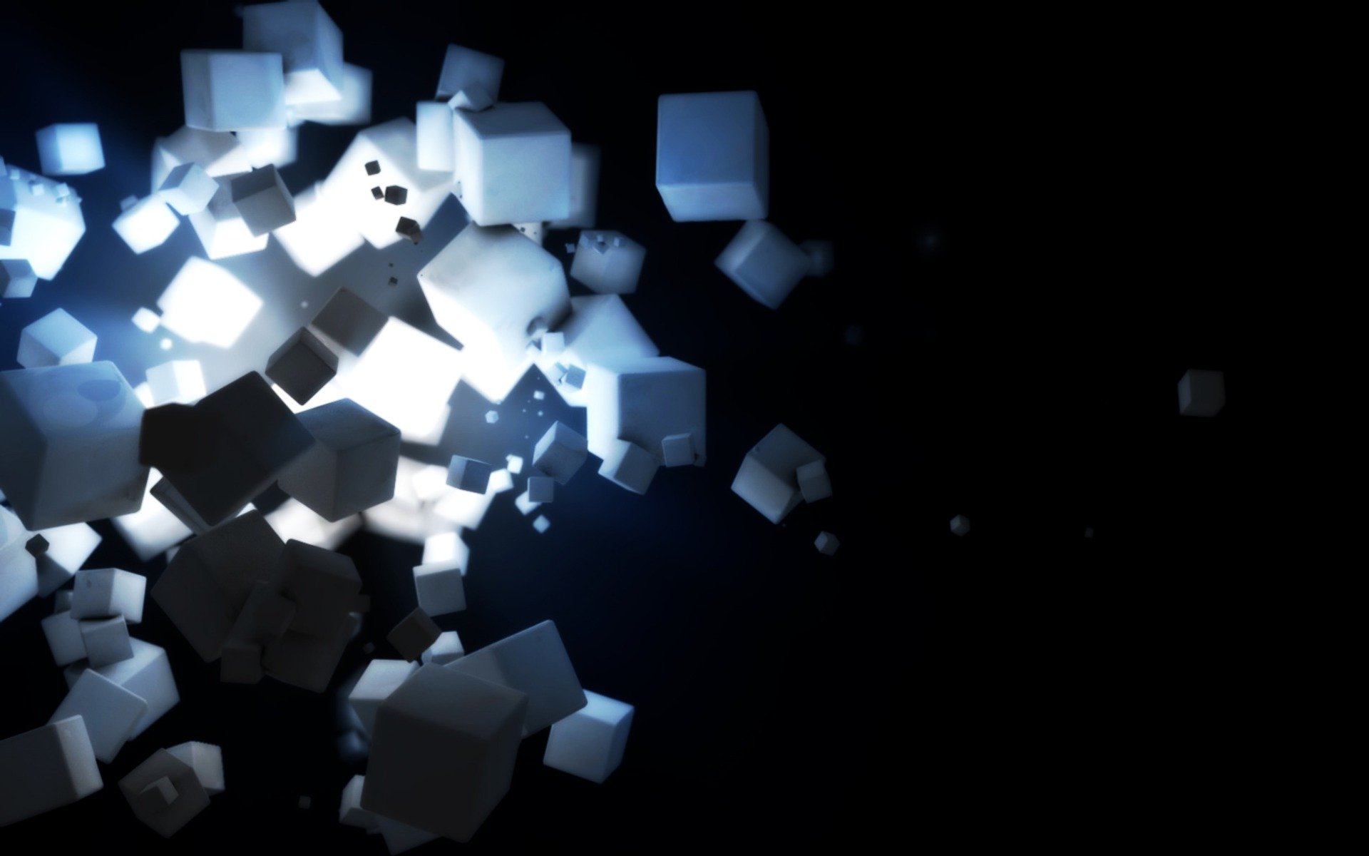 Abstract composition of glowing white cubes floating in dark space, rendered in high definition as a striking PC desktop wallpaper and background.