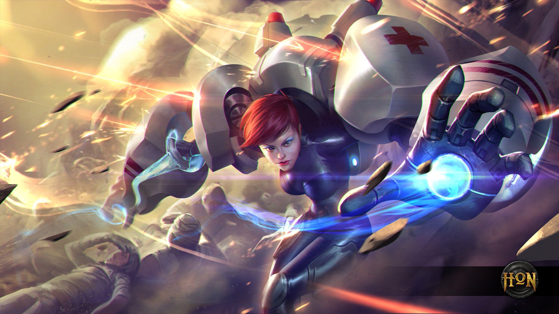 Heroes of Newerth HD PC desktop wallpaper: red-haired hero in powered armor launching a blue energy blast amid flying debris on a chaotic battlefield.