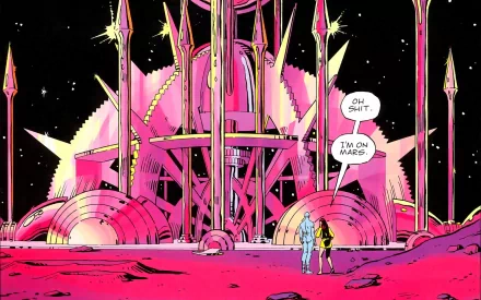 HD PC desktop wallpaper featuring a vivid comic scene from Watchmen, showing two characters standing before a futuristic structure on Mars.