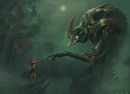 A captivating sci-fi scene featuring a mysterious alien creature engaging with a figure in a lush, misty environment. This 4K Ultra HD wallpaper offers a striking visual experience.