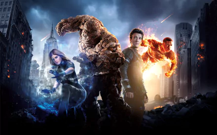 A high-definition desktop wallpaper featuring the Fantastic Four (2015) movie characters: Human Torch (Johnny Storm), Invisible Woman (Susan Storm), Mister Fantastic (Reed Richards), and Thing (Ben Grimm).