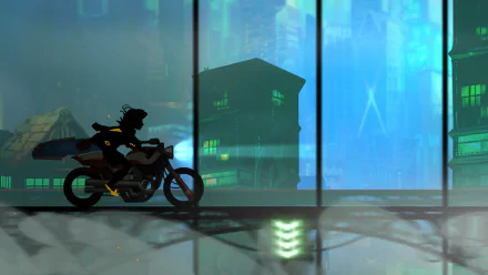 A shadowy figure rides a motorcycle against a vibrant, futuristic city backdrop in this HD wallpaper inspired by the video game Transistor.