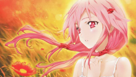 A vibrant HD desktop wallpaper featuring a character from Guilty Crown, with pink hair flowing against a golden field and colorful flowers, capturing a serene moment.