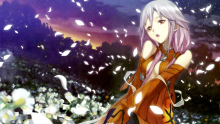 Anime-inspired HD desktop wallpaper from Guilty Crown, featuring a character surrounded by a flurry of petals against a scenic twilight backdrop.