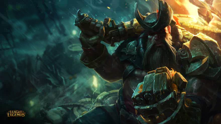 A dynamic HD wallpaper featuring Gangplank from League of Legends, showcasing his fierce look and pirate-themed armor against a dramatic, shadowy background.