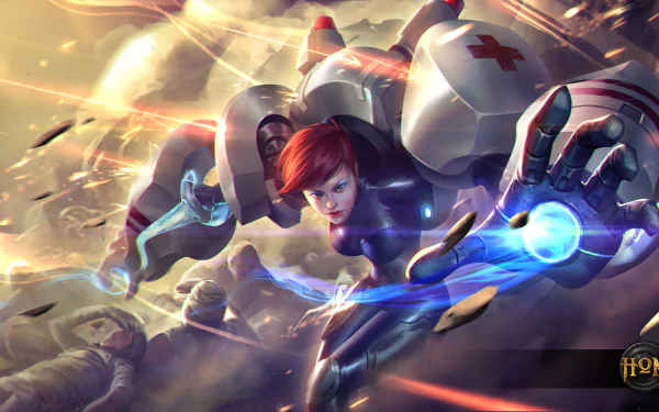 Heroes of Newerth HD PC desktop wallpaper: red-haired hero in powered armor launching a blue energy blast amid flying debris on a chaotic battlefield.