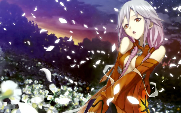 Anime-inspired HD desktop wallpaper from Guilty Crown, featuring a character surrounded by a flurry of petals against a scenic twilight backdrop.