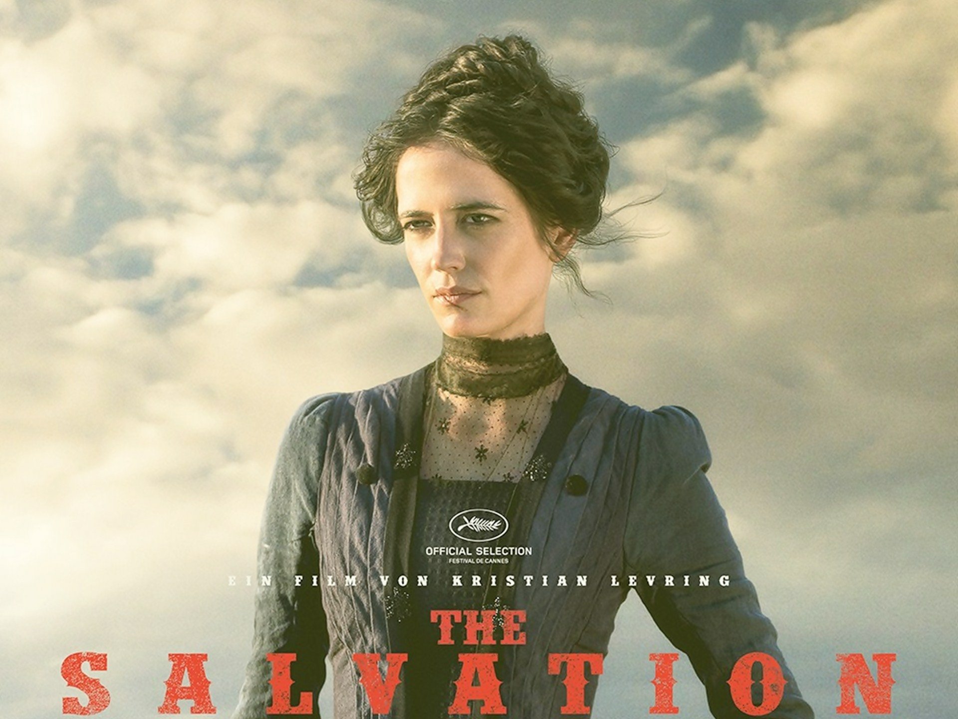 HD desktop wallpaper featuring Eva Green in a scene from the movie The Salvation, set against a cloudy sky background.