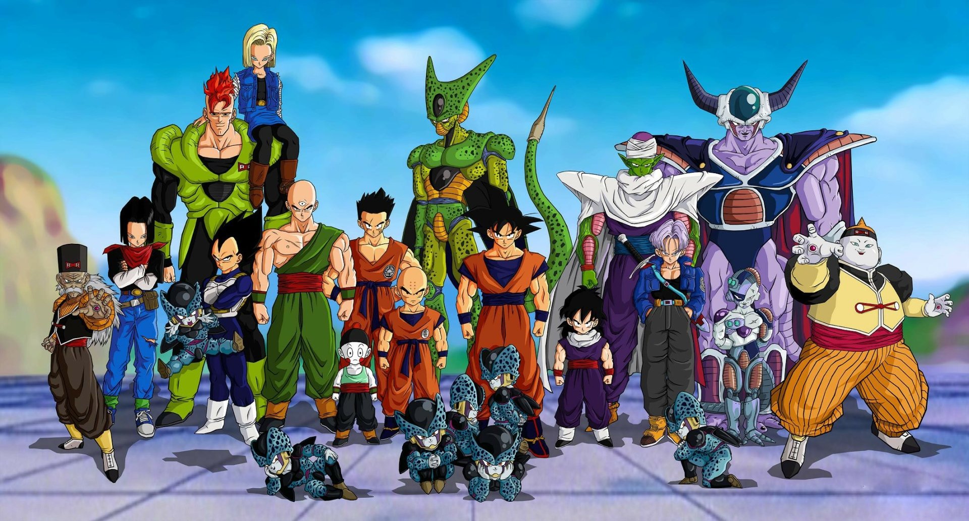 HD desktop wallpaper of various Dragon Ball Z characters standing together with a blue sky background.
